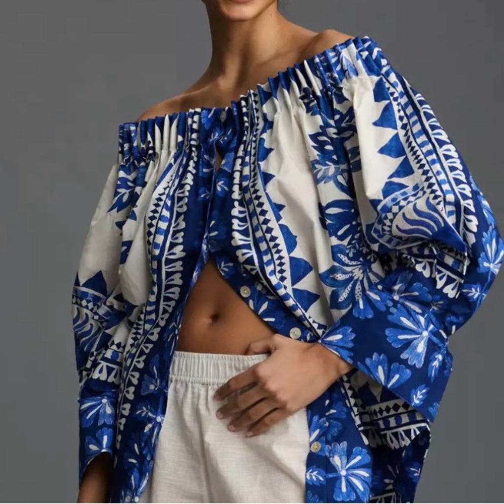 Farm Rio Blue Floral Off-Shoulder Top